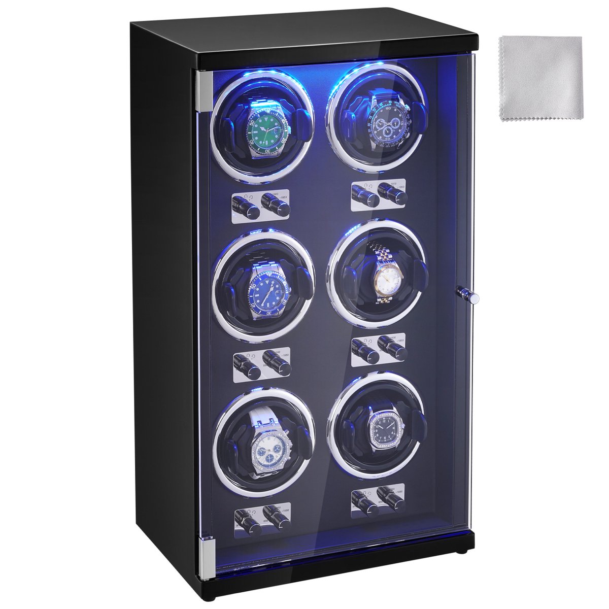 Horlogeopwinder voor 6 Automatische Horloges, Superstille Japanse Mabuchi-Motoren, Blauw Led-Licht en Adapter, Plaatstalen Behuizing met Hoge Dichtheid en Zwarte Pu-Afwerking