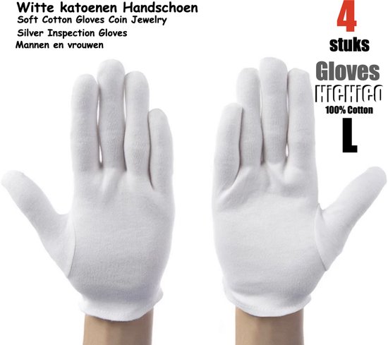 Katoenen handschoenen wit L 4stuks – 2paar Beschermende Handschoenen - Medium - Gezondheidszorg - Ziekenhuis - Beauty Center, Kapper en Salon Spa Tattoo – Jewelry - eczeem / allergie / handcreme - juweliers / munt handschoen