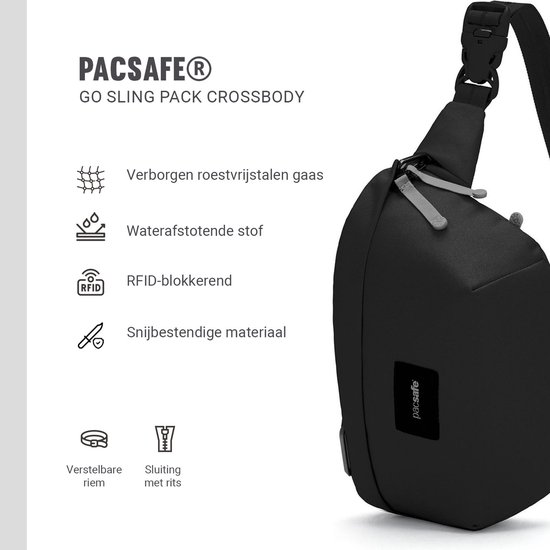 Lijst met functies van de Pacsafe GO Sling Pack Crossbody: verborgen staalkabel, waterafstotend, RFID-blokkerend, snijbestendig, verstelbare riem, ritssluiting.