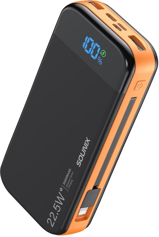 Sounix Powerbank 30.000 mAh met kabels - 5 Oplaadpoorten - Lightning, USB A, USB C & Micro USB - 22.5W Snellader & batterij LED-display - Geschikt voor o.a. iPhone & Samsung - Zwart/Oranje