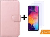 Ntech Hoesje Geschikt Voor Samsung Galaxy A50 Portemonnee hoesje - Rose Goud Met 2 stuks Glazen screenprotector