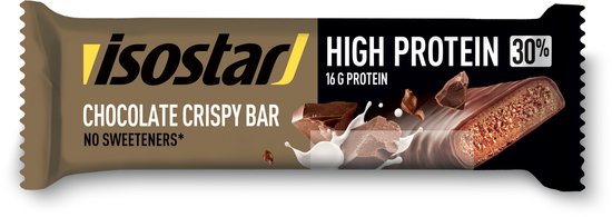 Isostar High Protein chocolade crispy bar met 16g eiwit, zonder zoetstoffen.