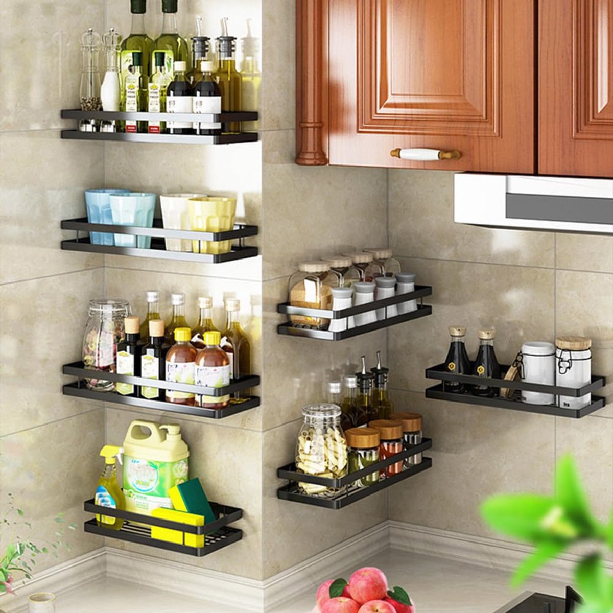 Ibenzoa® Stijlvol Zwart Metalen Wandrek met Verstelbare Haken voor Keuken en Badkamer