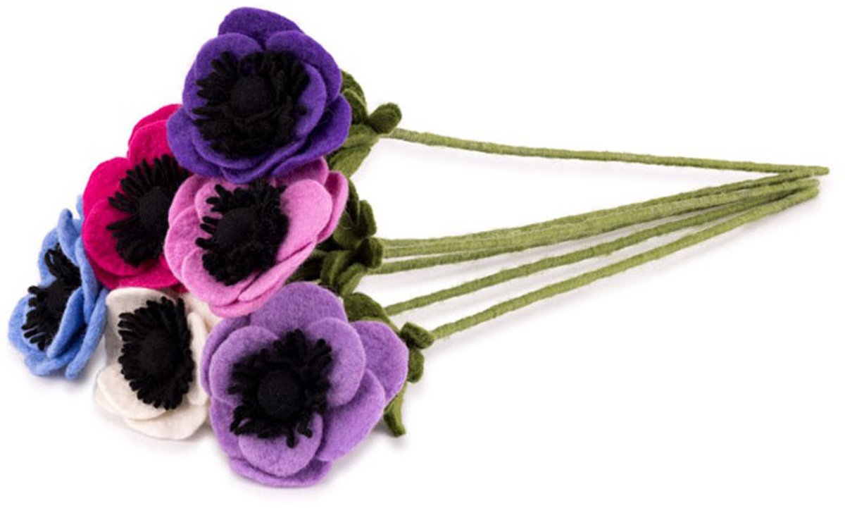 Sjaal met Verhaal Bloemen Wolvilt - Anemoon Assorti - Set 6 stuks - Lila/Wit/Blauw/Fuchsia/Paars/Roze - Homedeco Fairmade - 40cm Bloemen-Anemoon-Assorti-6st