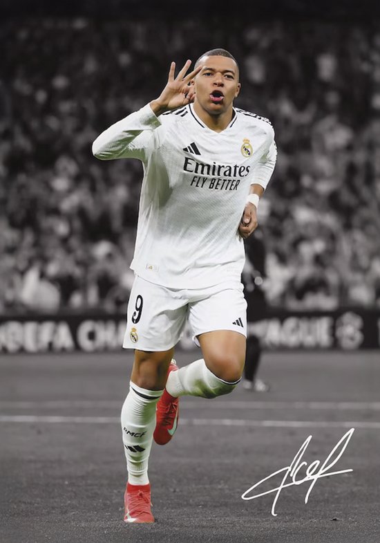 Affiche Kylian Mbappé avec cadre – Real Madrid – Numéro 9 – Décoration murale Voetbal – Cadeau pour les fans – Style Champions League