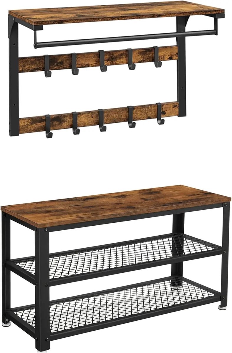 Kledingkast Set - Wandkast - Schoenenrek - Boekenkast - Schoenenbank - Bruin - Functionele
