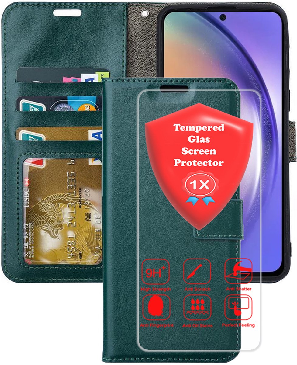 Bookcase Geschikt voor: Samsung Galaxy A17 5G & Samsung Galaxy A26 Groen - Portemonnee hoesje met 1x Glas Screen protector - Book Cover