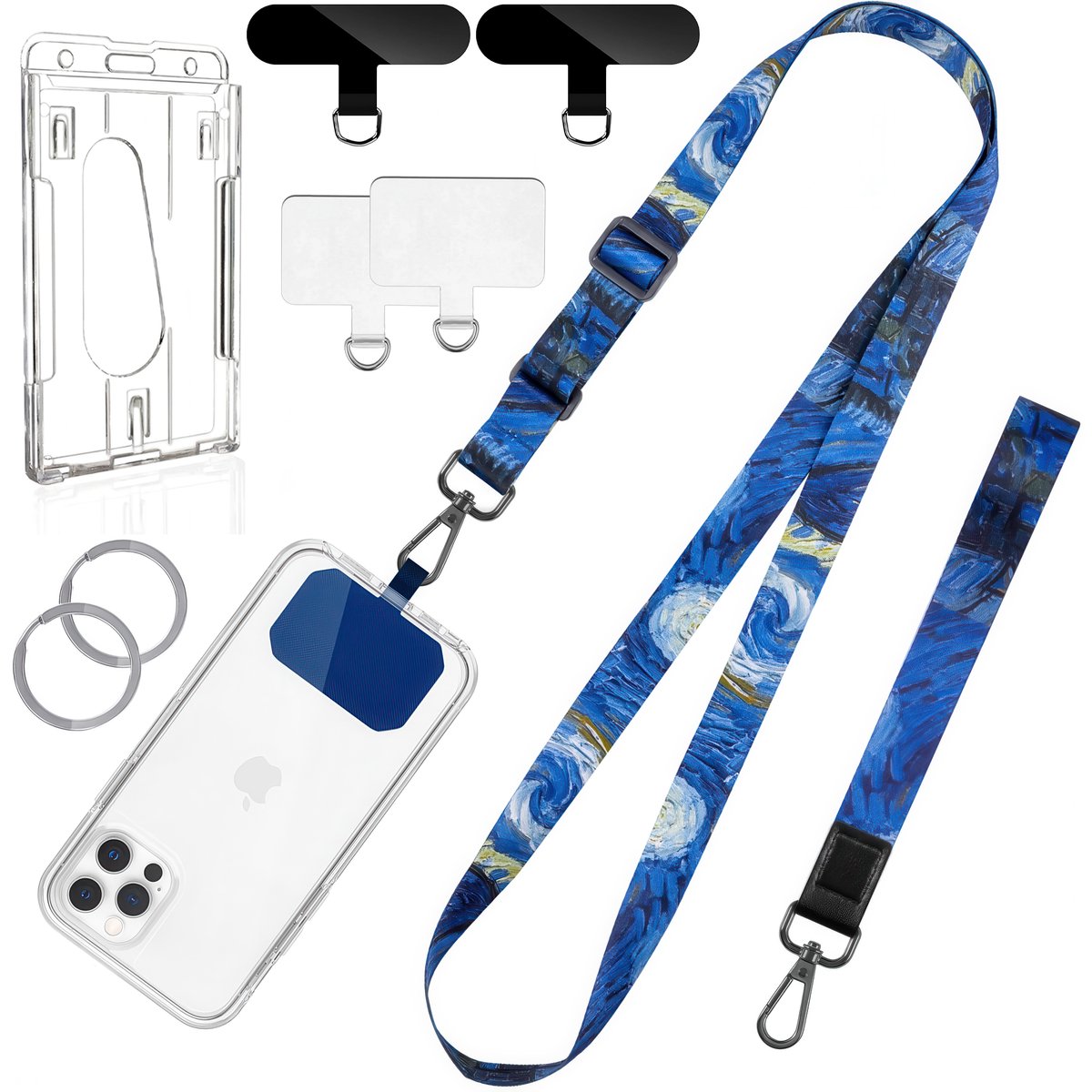 Nek & Pols Telefoonkoord Set met 4 Bevestigingsplaatjes & Transparant Badgehouder - Crossbody Keycord Sleutelhanger - Universeel GSM Lanyard - - Sleutelkoord Telefoonketting - Telefoon Koord - Keykoord Pashouder - Phone Ketting/Cord - Nekkoord Strap
