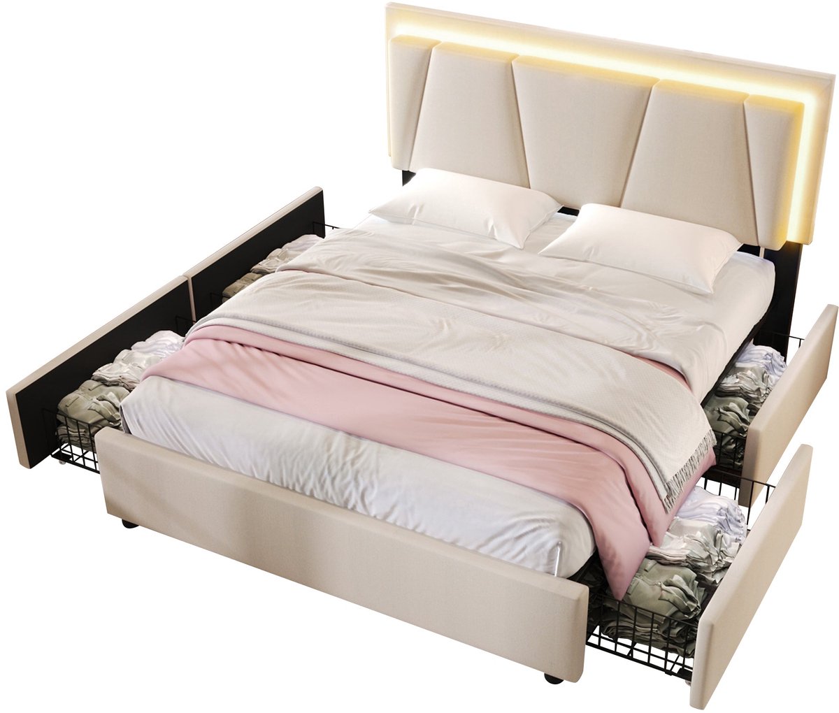 Merax Gestoffeerd Bed 160x200 cm met LED Verlichting en 4 Opbergladen - Verstelbaar Hoofdbord - Beige - Houten Lattenbodem
