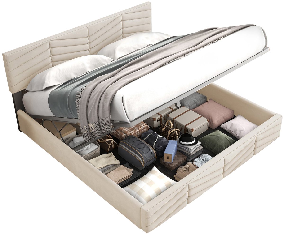 Merax Tweepersoonsbed 140x200 cm met Verstelbaar Hoofdeinde en Hydraulisch Opbergruimte - Beige Fluweel - Houten Lattenbodem