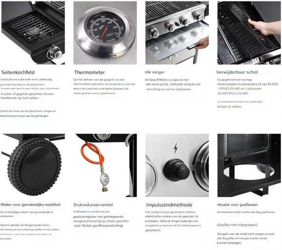 BBQ 5 in 1 - Barbecue op gas - Zilver - Thermostaat - Olievanger accessoires - Gasgrill met zijbrander — afbeelding 4