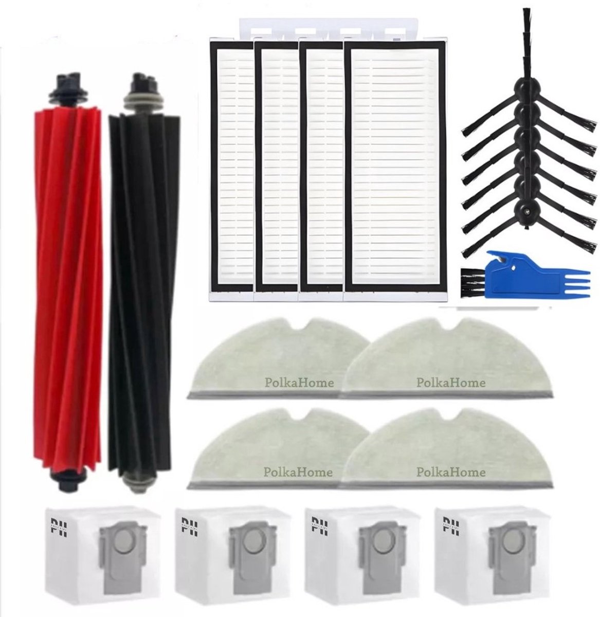 PolkaHome Complete accessoireset geschikt voor Roborock Q8 Max+/Q8 Max/Q5 Pro+/Q5 Pro robotstofzuiger – Inclusief 2 hoofdborstels, 4 HEPA-filters, 4 reinigingsdoeken, 6 zijborstels, 4 stofzakken en een schoonmaakborstel