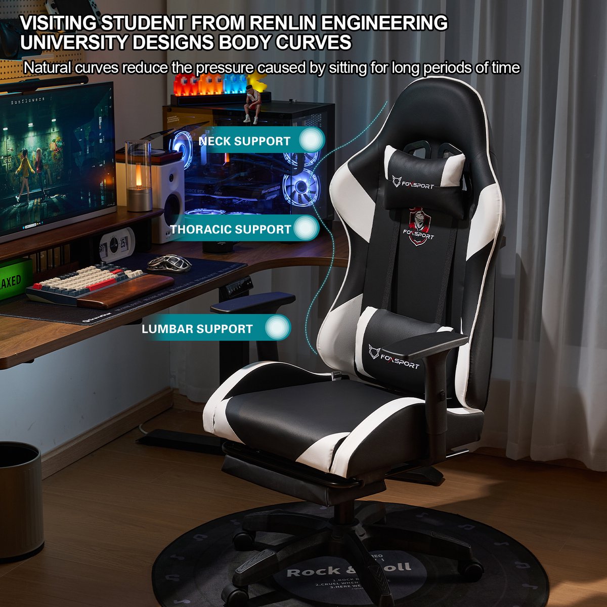 Afbeelding 3 van FOXSPORT Gamestoel - Gaming Chair - Ergonomisch - Verstelbaar - Met lendensteun en hoofdsteun - Met voetsteun - Bureaustoel - Racing -Wit/Zwart