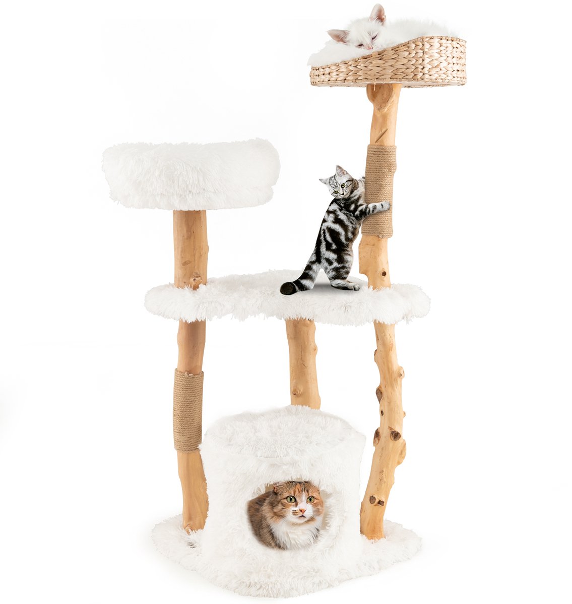 COSTWAY 124 cm krabpaal, kattenboom met kattenmand, pluche zitoppervlak en zitplatform, kattentoren met krabpalen van jute, massief hout, kattenkrabpaal voor katten, wit