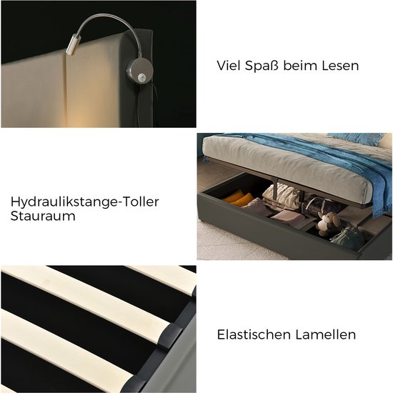 Lit double 160x200cm - Rangement, USB, tissu PU, sommier à lattes (sans matelas)