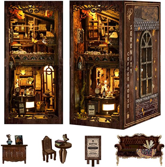 Book Nook Kit-Café Model Bouwpakket-Rustig koffiehuis-Met stofbescherming-Houten modelbouw voor Volwassenen-DIY Miniatuur Poppenhuis Boekennook-Boekenplank Insteekdecor-3D Houten Boekennook Miniatuurkit met LED-licht