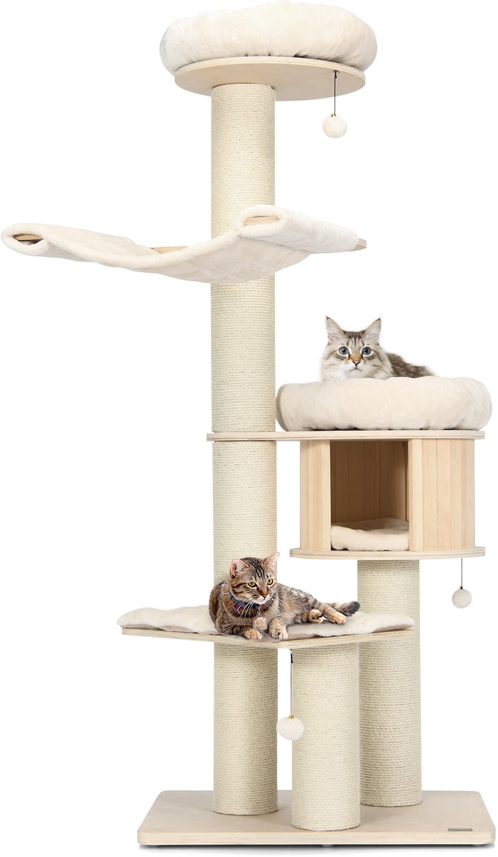 COSTWAY Krabpaal, 174 cm kattenboom van massief hout, meerlaagse kattenkrabpaal met krabzuilen, hol, pluche perch, hangmat & pluche ballen, klimboom, kattenhuis, kattenmeubel, groot, natuur