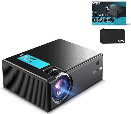 Sanbo Pro Smart Wi-Fi Mini Beamer - Zwart / Blauw - Inclusief Tas en Projectiescherm - 4400 lumen - Streamen vanaf je telefoon met wifi - Projector