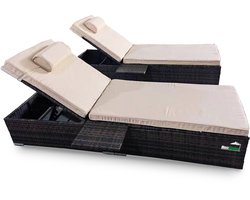 MaxxGarden Verstelbaar Loungebed - Rattan Ligbed tuin - Tuinbed - Zonnebed buiten - 198x65x38cm - 2 stuks - Incl. zijtafel - Bruin