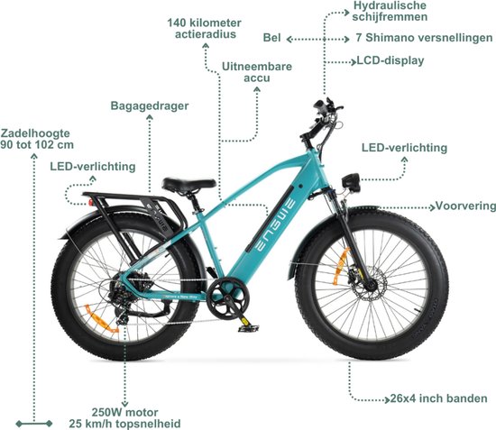 ENGWE E26 Elektrische Fatbike - E-bike - Hoge Instap - 26 Inch - 250W Motor - 7 Versnellingen - 140 km Actieradius - Hydraulische Schijfremmen - Blauw van ENGWE — afbeelding 2