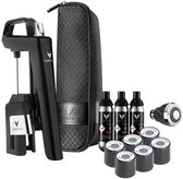 Coravin Timeless Six+ set in pianozwart met etui, zes capsules, twee adapters en wijnbewaarsysteem.