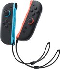 Linker Joy-Con controller blauw, rechter Joy-Con controller rood, zwevend met polsbandjes.