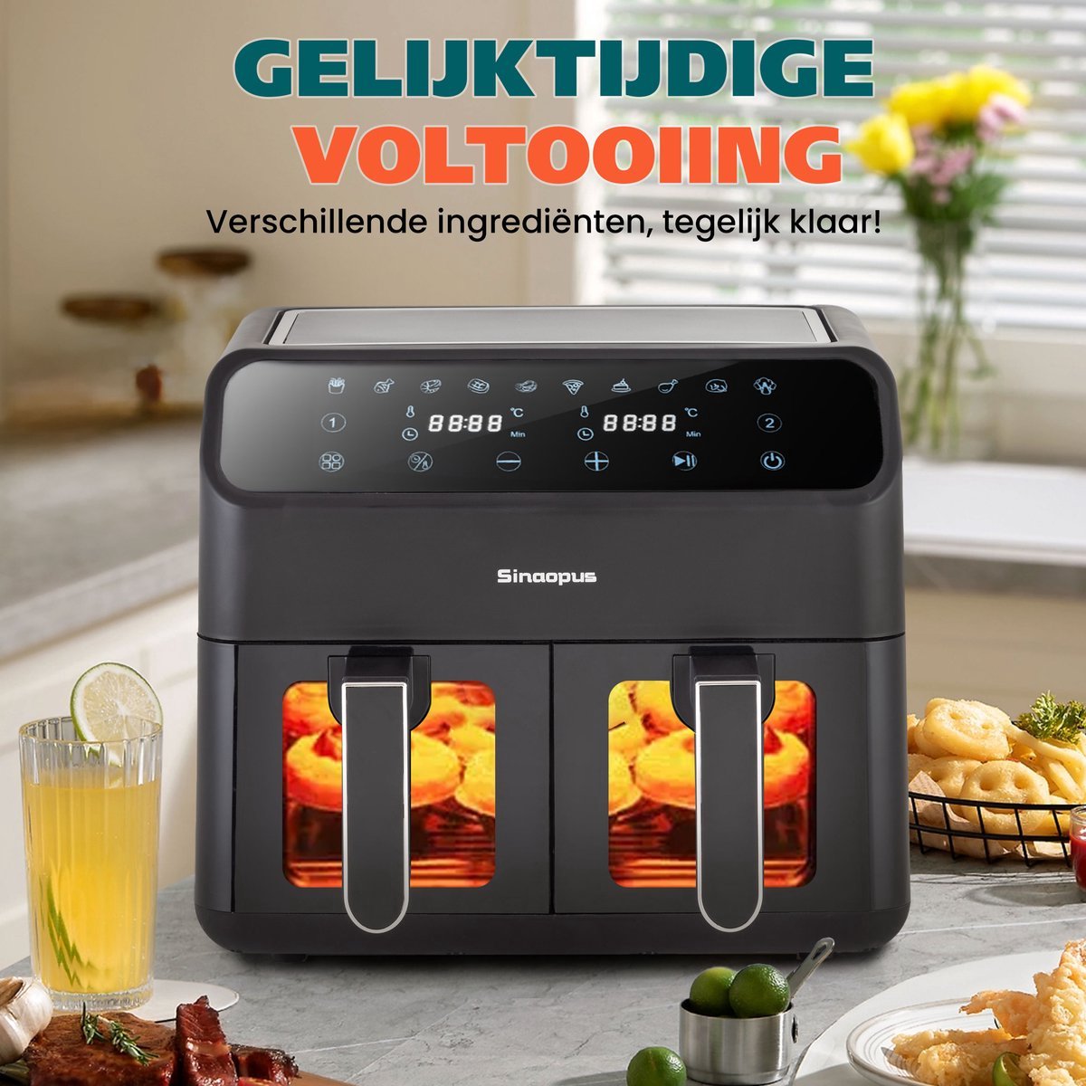 Afbeelding 3 van Digitale Airfryer XXL 11L Sinaopus 901 – Heteluchtfriteuse met Dubbele Mand en DualMand Onafhankelijke Snelle Opwarming – Voor Gezinnen – 10 Programma’s – Kijkvenster – Makkelijk te Reinigen – Capaciteit voor 5 Personen