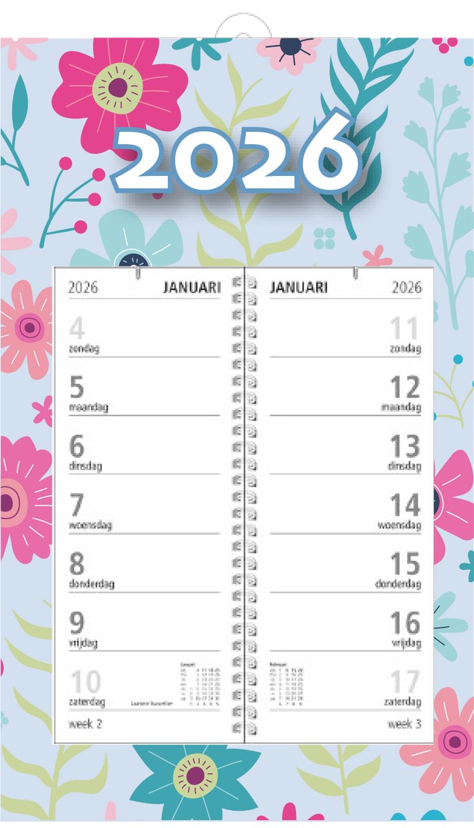 MGPcards - Omlegweekkalender 2026 - Week begint op zondag - 21 x 34 cm - Flowers - Licht blauw