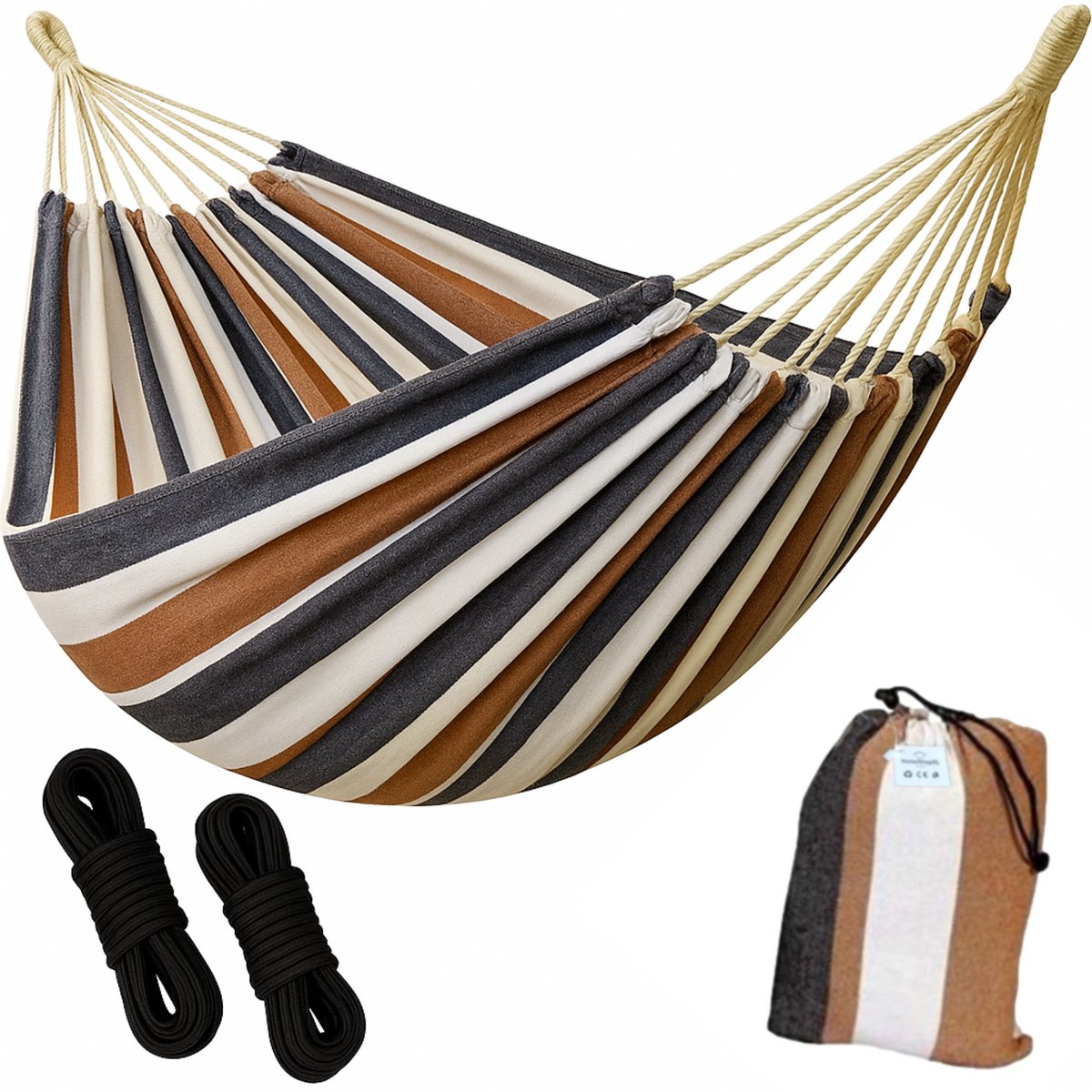 Bol.com HSXL Dubbele Hangmat Bruin Wit Blauw met Touwen - 1 of 2 Persoons - Lig Oppervlak 200x150cm - Lengte 260cm aanbieding