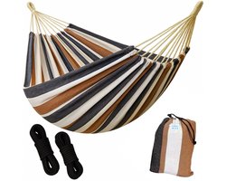 HSXL Dubbele Hangmat Bruin Wit Blauw met Touwen - 1 of 2 Persoons - Lig Oppervlak 200x150cm - Lengte 260cm