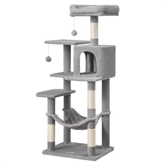Acaza - Krabpaal - Krabpaal voor Grote Katten - Kattenboom met Hangmat - Kattenpaal - 143 cm - Lichtgrijs
