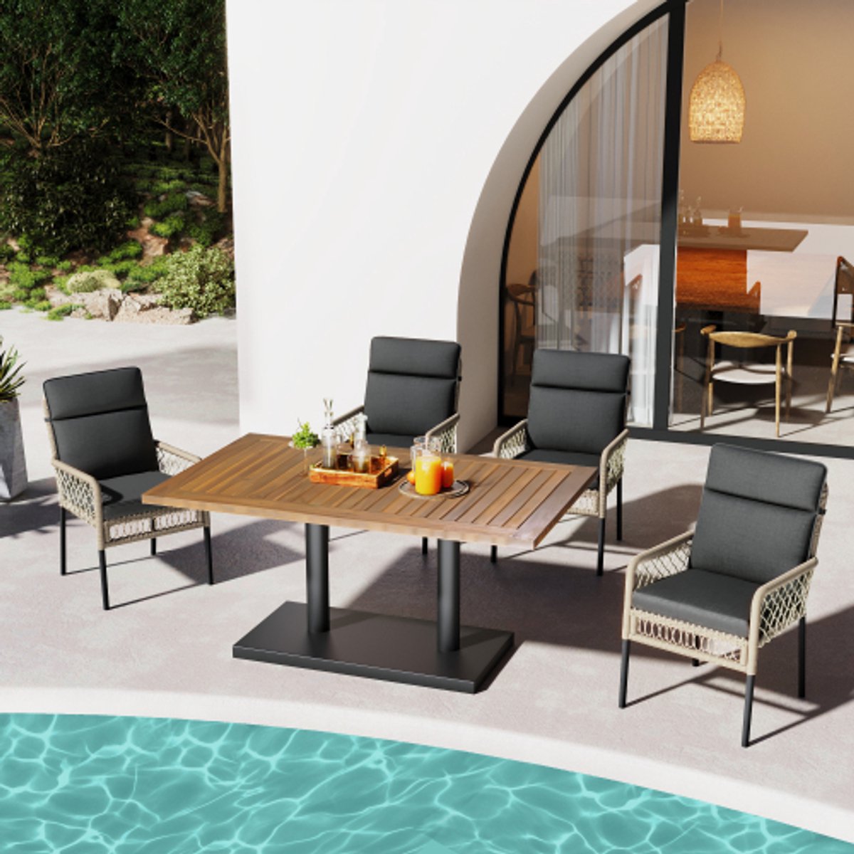 5-delige set voor buitentafel en stoelen voor 4 personen, tafelblad van massief acaciahout, stoelen bekleed met PE-rotan, geschikt voor dineren in de achtertuin en op het terras.