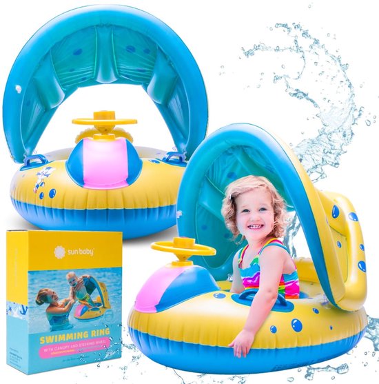 sun baby Zwemband met zonnescherm, Babyzwemvlotter baby-zwemring met afneembare zonnekap, draaibaar stuurwiel met claxon