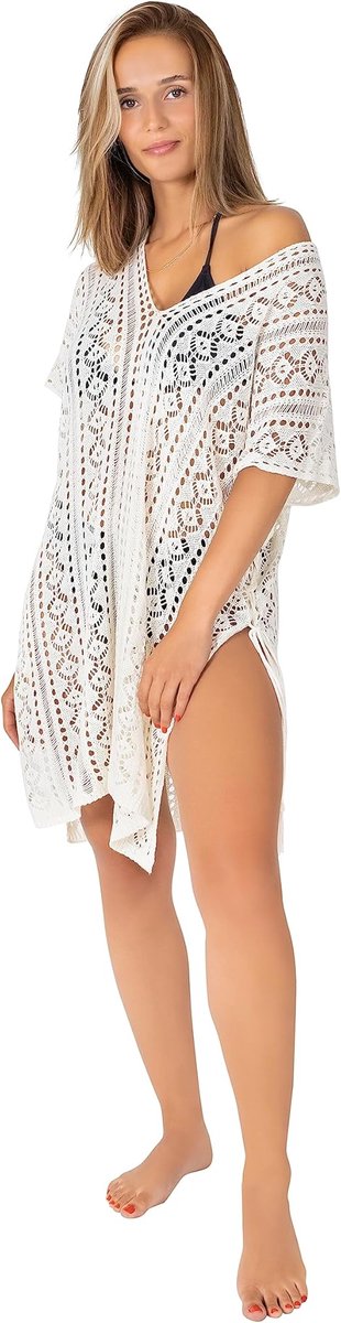 Karma Strandjurk - Oeko - Tex Standaard - Bikini Cover UP of Strand Poncho, Zomerjurk ideaal als Strand Kimono, Tuniek of Badpak S-M Wit-Crème