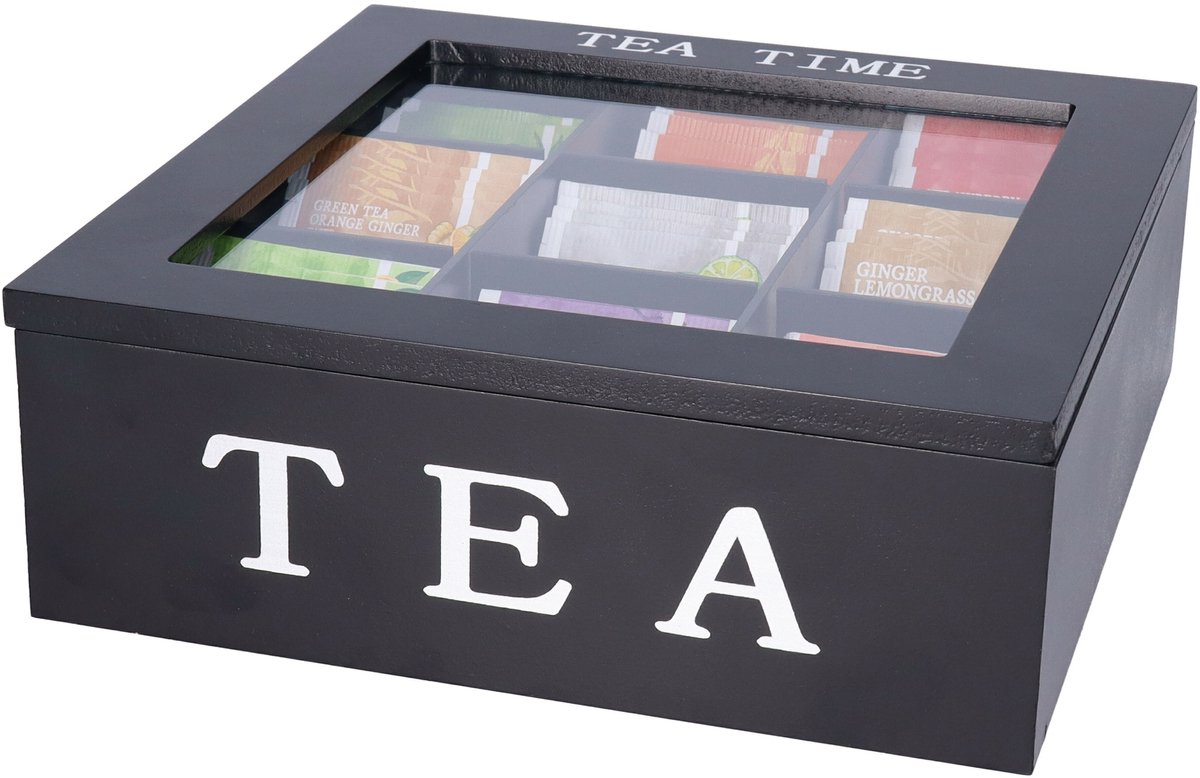 Bellatio design Theedoos - zwart - 9 vaks - Tea Time - hout - L23 x H8 cm - theebox