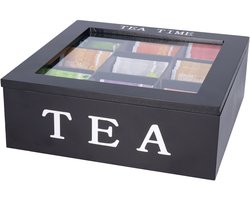 Bellatio design Theedoos - zwart - 9 vaks - Tea Time - hout - L23 x H8 cm - theebox