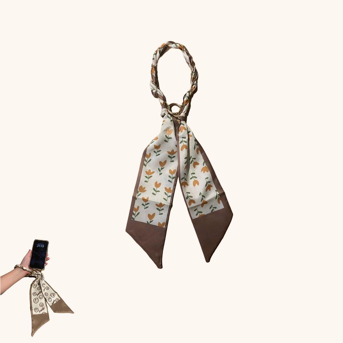 Nia Jewels Telefoonkoord pols camelbruin tulp tulpjes
