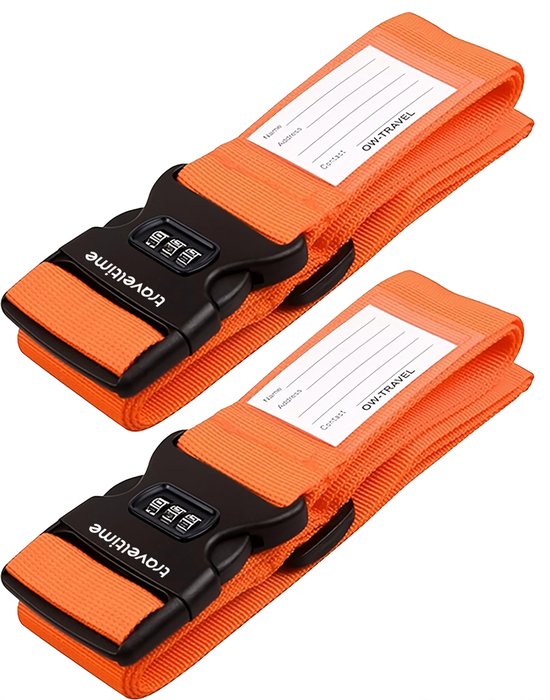 Traveltime® Kofferriem met Kofferlabel en Cijferslot- Bagageriem - Kofferband - 2 Stuks - Oranje