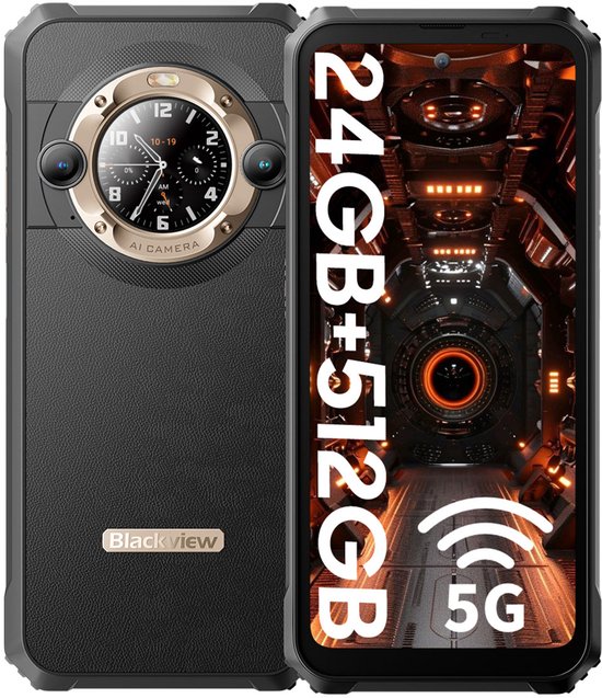 Blackview BL9000 - Robuuste Smartphone - 5G - 24(12+12)GB RAM - 512GB - 120Hz 6.78'' FHD - 8800mAh/120W - 50MP+50MP - IP68 Waterdicht - 1.32" Achterkant Dsiplay - NFC - GPS - Goud