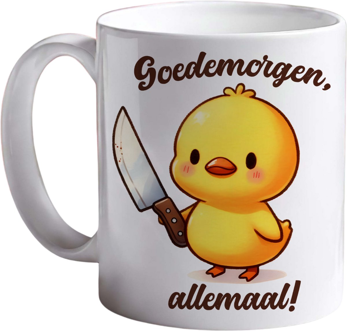 Gevaarlijke Schattigheid Mok – Goedemorgen Allemaal – Grappige Beker met Kuiken en Mes – Cadeau voor Collega of Vriend