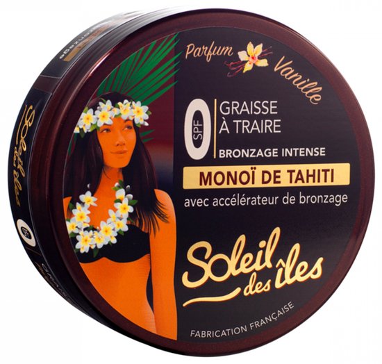 Pot met bruiningsvet met vanillegeur, met afbeelding van een vrouw met bloemenkrans, "Soleil des Iles" logo.