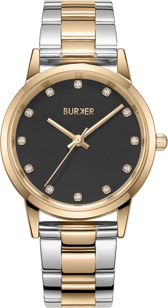 BURKER Amy Horloge Dames - Rond - Zwart Goud Zilver - Schakelband - Zirkonia - 32mm