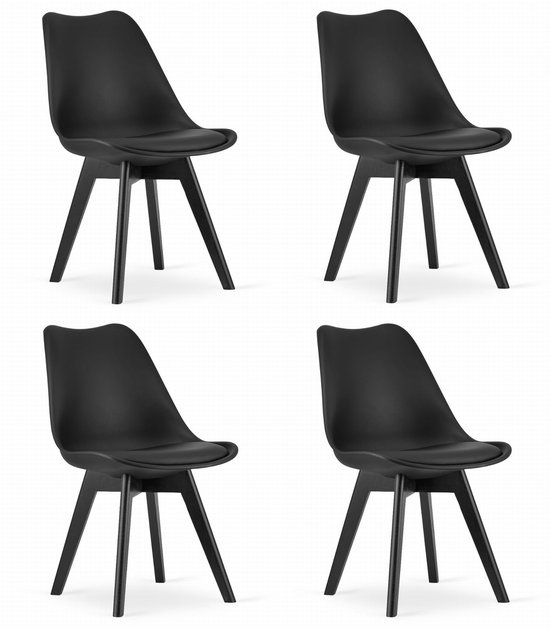 Set van 4 Stoelen MARK – Zwart, Zwarte Beukenhouten Poten, Kunststof Zitting met Kunstlederen Kussen, Strak Design, Ergonomisch, Geschikt voor Keuken, Eetkamer, Kantine en Werkruimte, Max. 120 kg