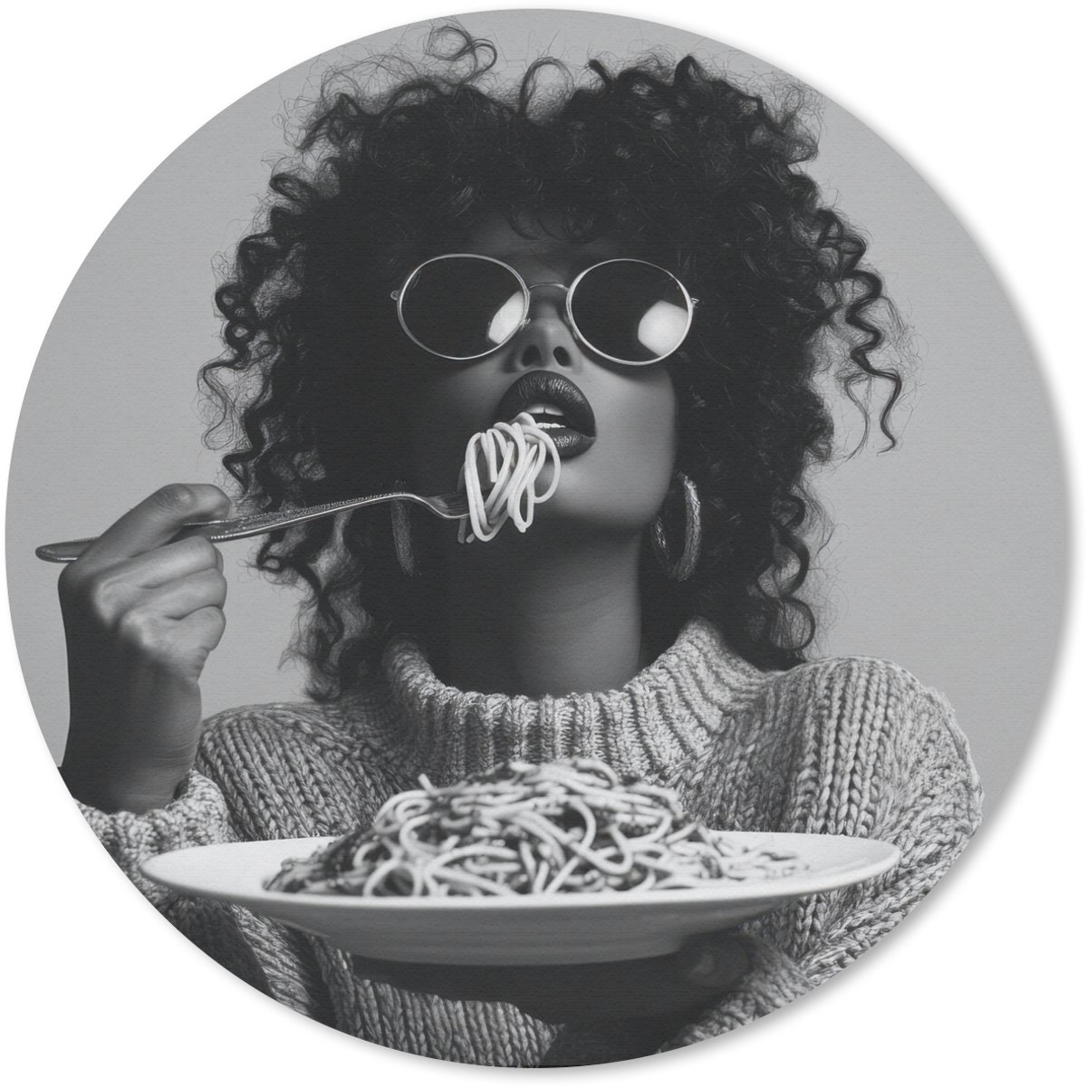 Muismat rond 50x50 cm - Mousepad Vrouw - Pasta - Zwart - Wit - Ronde muismatten