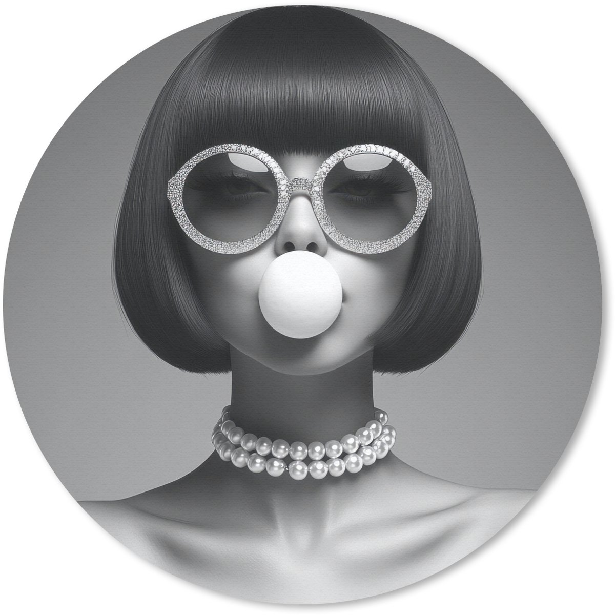 Muismat rond 20x20 cm - Mousepad Vrouw - Zwart Wit - Ketting - Zonnebril - Ronde muismatten