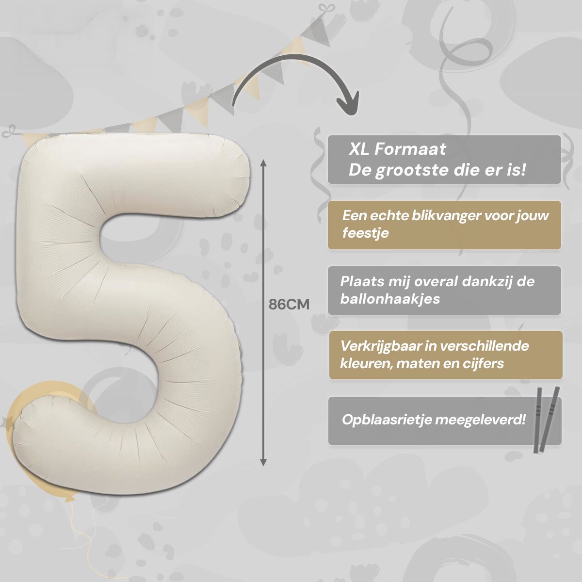 LUQ - Cijfer Ballonnen - Cijfer Ballon 5 Jaar Creme XL Groot - Helium Verjaardag Versiering Feestversiering Folieballon — afbeelding 2