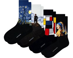 Kunst sokken - Meesterlijke contrasten 4-pack: Mondriaan, da Vinci, Gustav Klimt, Munch - Sokken Dames 36 40 - Biologisch Katoenen Sokken - funny socks happy - Vrolijke Sokken - Grappige Sokken - Sokken Cadeau
