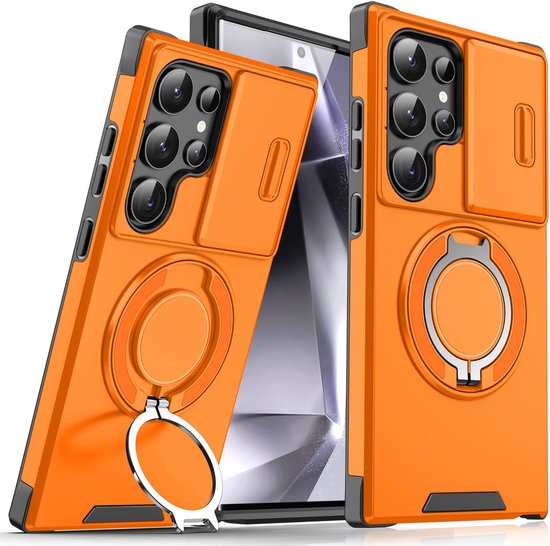 Armor Tough [360° draaibare ringstandaard] [compatibel met Magsafe] Hoesje Geschikt voor: Samsung Galaxy S25 Ultra - Ingebouwde dia camera cover - Hybrid - Oranje