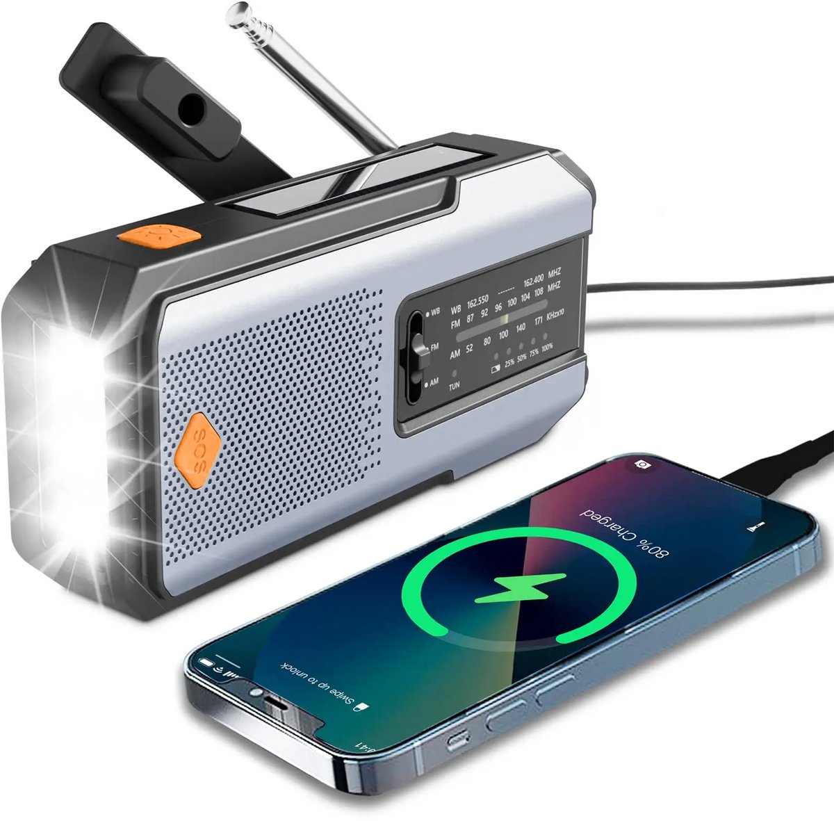 Professionele Draagbare Noodradio - Radio - AM/FM/NOAA Weerradio - 3 LED Zaklamp - Solar & USB Oplaadbaar - Powerbank Functie - Ideaal voor Noodsituaties & Outdoor - GRIJS