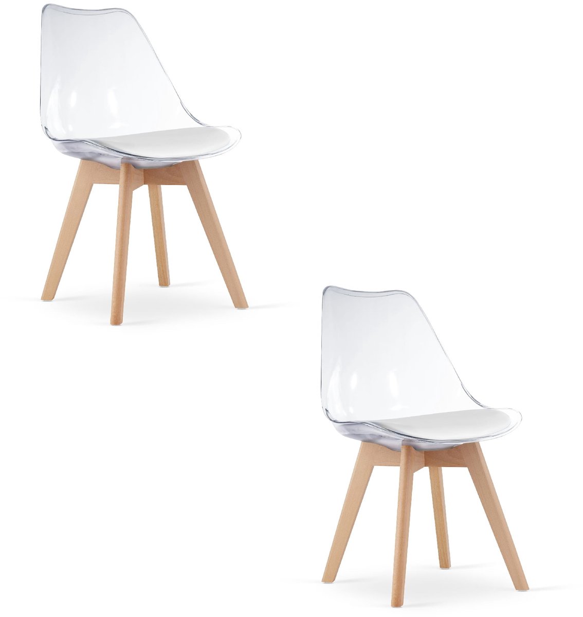LEOBERT Set van 2 Stoelen MARK – Transparant, Beukenhouten Poten, Kunststof Zitting met Kunstlederen Kussen, Strak Design, Ergonomisch, Geschikt voor Keuken, Eetkamer, Kantine en Werkruimte, Max. 120 kg